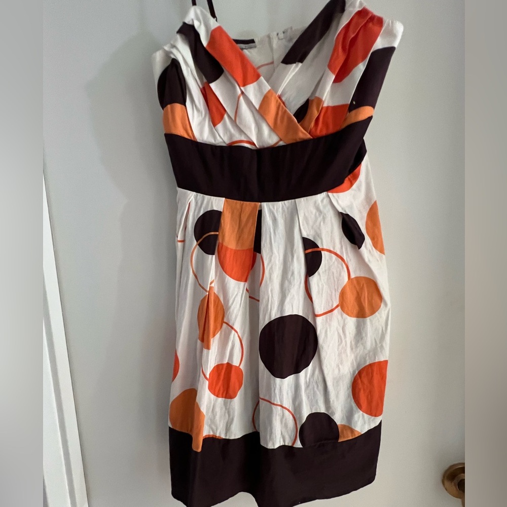 Three Pink Hearts, Size 7, Juniors Orange, White and Black Polka Dot Midi Dress